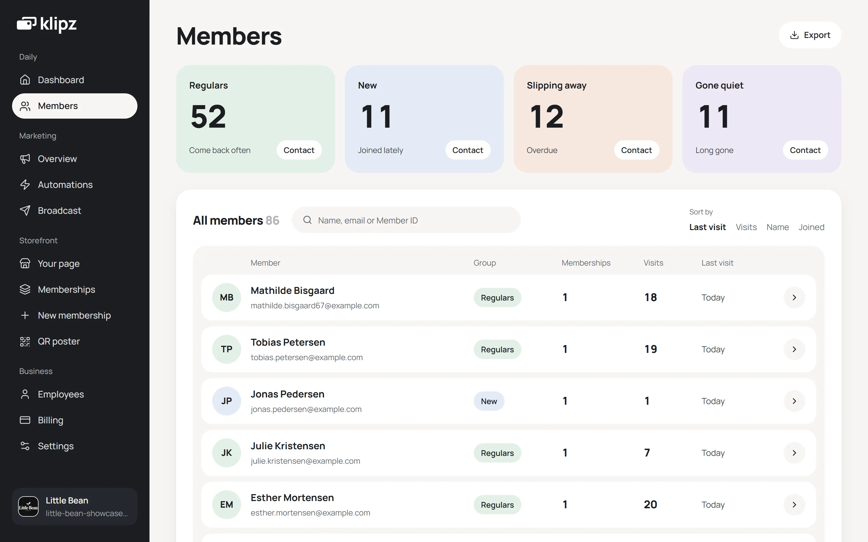 The Members page in Klipz: regulars, new, slipping away and gone quiet, above a list of members with their visits and last visit.