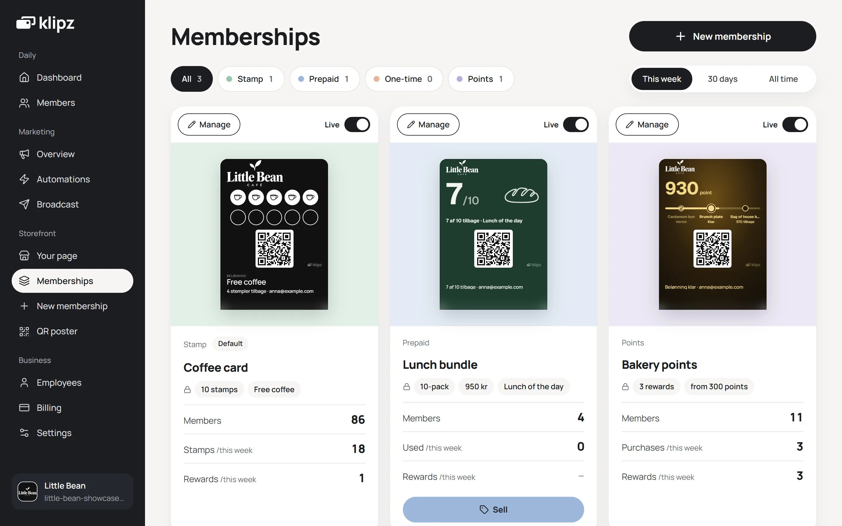 The Memberships page in Klipz with three memberships, a stamp card, a lunch bundle and bakery points, each with its card and this week's numbers.