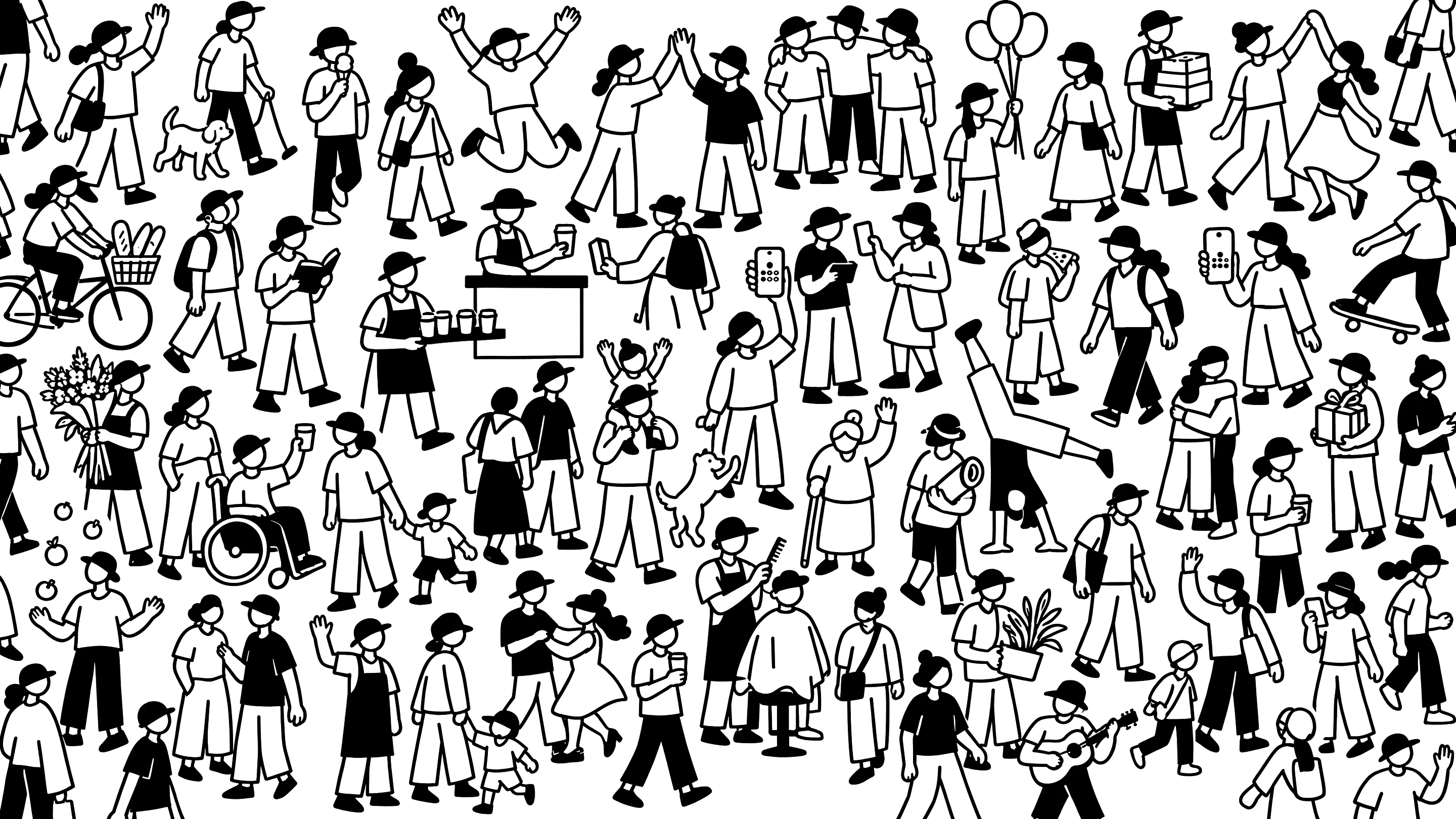 A line drawing of a crowd in town: people with coffee, flowers and bread, waving, dancing and celebrating.
