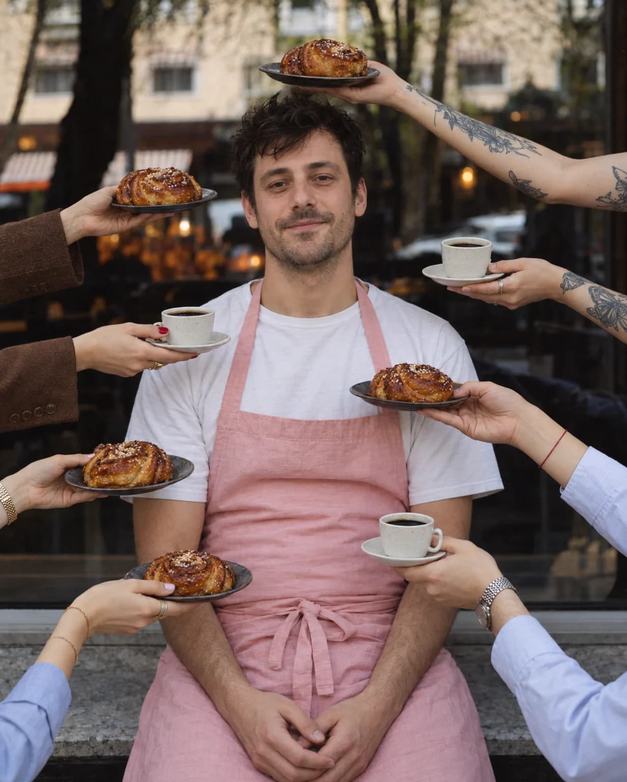 A man with a quiet smile and a pink apron sits in front of a café window while eight hands reach in from the sides, each holding out a cinnamon bun or a cup of coffee.